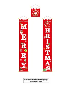 Detail of red Christmas door banner set with Santa, snowman and reindeer festive patterns