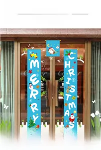 Three-piece Christmas banner set with Santa and reindeer motifs on modern glass doors