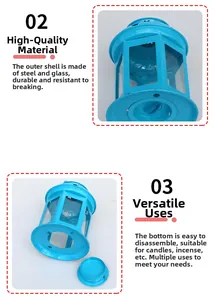 Detail of blue iron candle lantern showing detachable base for aromatherapy and candles