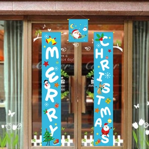 Blue Merry Christmas door banners with festive Santa, reindeer, and snowman graphics
