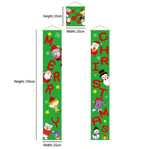 Green Christmas porch banners with Santa, snowman and reindeer holiday decorations