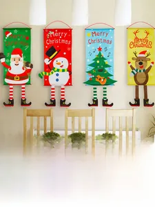 Detailed view of 4-piece non-woven Christmas hanging flags with Santa and reindeer motifs