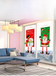 Detail of Santa Claus and Snowman felt banners hanging in a modern living room