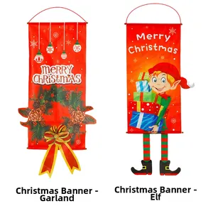 Detail of Christmas non-woven hanging banners featuring wreath and festive elf designs