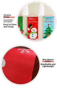 Detail of non-woven Merry Christmas banner featuring snowman and tree hanging decorations