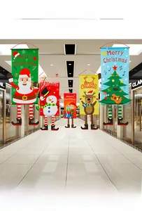 Hanging Christmas banners featuring Santa Claus, reindeer and snowman in a mall setting