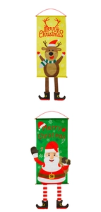 Vertical view of non-woven Santa and Reindeer Merry Christmas hanging banners for party decor