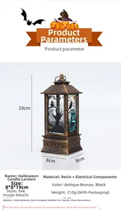 Detailed size chart for the Halloween LED lantern showing 8x8x19cm dimensions on resin case