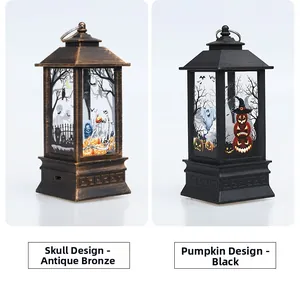 Detail of vintage Halloween LED lanterns in bronze skull and black pumpkin designs
