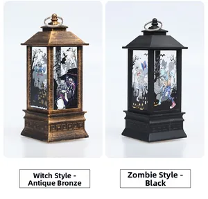 Detail of Halloween LED lanterns with vintage witch and zombie silhouettes and hanging loops