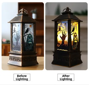 Halloween vintage lantern showing light comparison with zombie and crow patterns