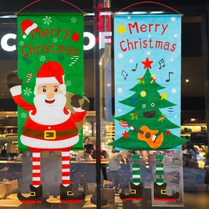 Merry Christmas Hanging Banner Flag Non-woven Fabric Cartoon Santa Claus Snowman Long Legs Home Wall Door Festive Decoration