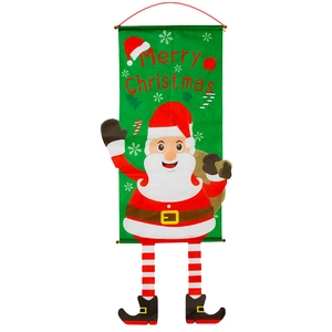 Christmas Santa hanging banner with long legs and Merry Christmas sign on green fabric