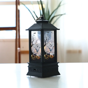 Classic black Halloween LED lantern with ghost and pumpkin illustrations for home decor
