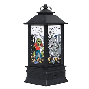 Halloween decorative LED lantern with spooky zombie and pumpkin patterns on black frame