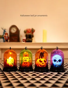 Set of four Halloween LED glass domes featuring skull, pumpkin, and black cat decorations