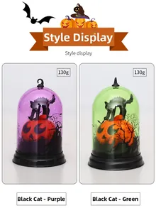 Detail view of purple and green Halloween LED lanterns featuring black cat and pumpkin