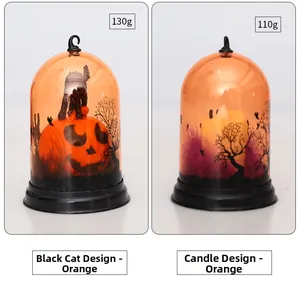 Detailed comparison of Halloween pumpkin lamp shades with black cat and spooky tree motifs