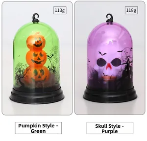 Detail view of Halloween LED lantern styles featuring orange pumpkin and white skull models