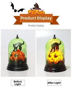 Halloween pumpkin lantern with black cat detail in dual on and off lighting modes