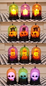 Faroles LED de Halloween con motivos de calabaza y gato en brillo púrpura y naranja