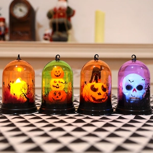 Set de cuatro farolillos LED de Halloween con motivos espeluznantes y luz de vela