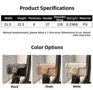 Size chart showing dimensions for a vintage PU leather flap bag with M logo and chain strap