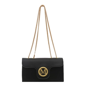 Classic black crossbody bag with gold chain strap and M-letter metal buckle on white background