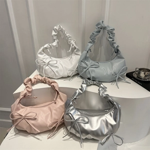 Fashion Ruched Dumpling Shoulder Bag For Women PU Leather Metallic Bowknot Underarm Bag Y2K Street Style Casual Handbag