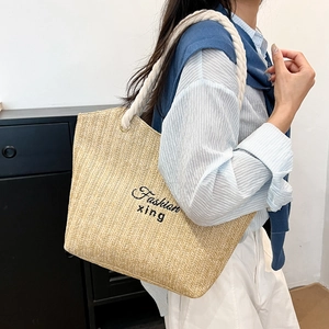 Large capacity straw woven tote bag with cotton rope handles and fashion embroidery