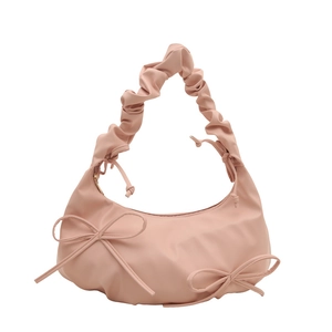 Pink French ballet style pleated shoulder bag with cute ribbon bows and cloud handle