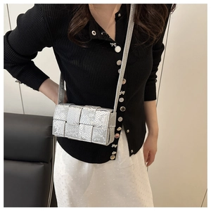 Detail view of the silver woven snake pattern crossbody bag with metallic finish