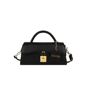 Retro black leather square shoulder bag with gold clasp and top handle on white background