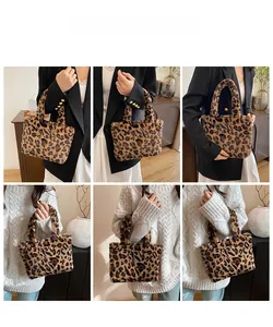 Detail view of stylish leopard print plush handbag styled with casual fall outfits
