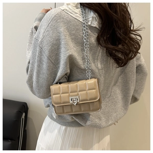 Close-up of beige quilted patent leather crossbody bag with silver chain strap and twist lock