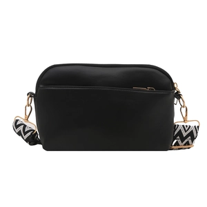 Minimalist black faux leather crossbody bag with decorative geometric wide strap