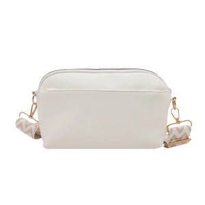 White leather crossbody camera bag with adjustable wave pattern woven wide strap