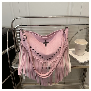 Pink lychee grain leather hobo bag with long tassels and rivet cross details