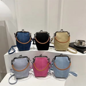 Chic denim mini handbag with metal clasp and wooden handle in six assorted colors