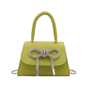 Chic lime green mini square handbag with rhinestone bow and silver chain strap