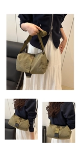 Detail of army green nylon crossbody bag showing the adjustable buckle and strap