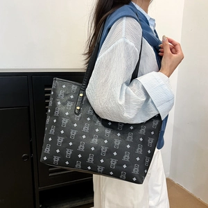 Retro black large tote bag with cartoon bear pattern and gold metal hardware for women