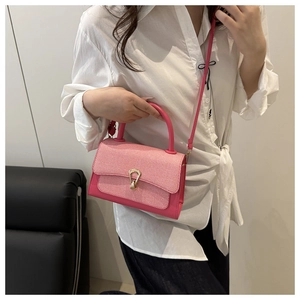 Pink square handbag with woven flap and gold horseshoe buckle shown on a model