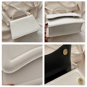 Detailed views of white PU leather crossbody bag with magnetic buckle and fine stitching