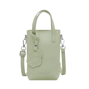 Light green PU leather mini bucket bag with dog charm and shoulder strap