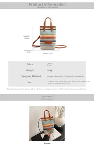 Detailed view of colorful striped woven straw bag with size dimensions and specifications