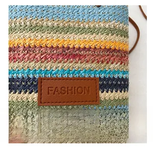 Macro shot of colorful woven pattern and brown leather patch with fashion text engraving