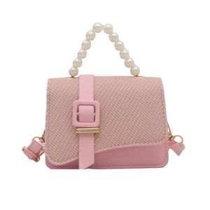 Pink PU leather mini crossbody bag with woven flap and decorative pearl handle