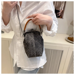 Detail of tweed crossbody bag with metallic clasp and wooden handle on model