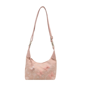 Pink lace crescent shoulder bag with 3D butterflies and pearl charm on white background